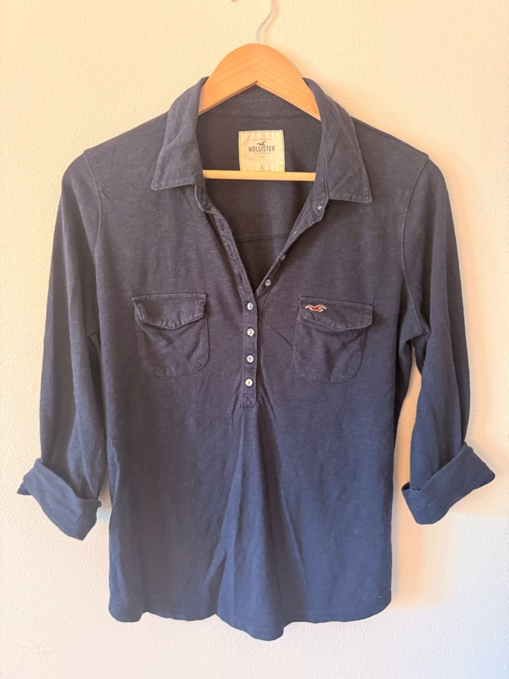 Hollister Y2K V Neck Henley Shirt Women L Navy Blue Button Roll Tab 3/4 Sleeve